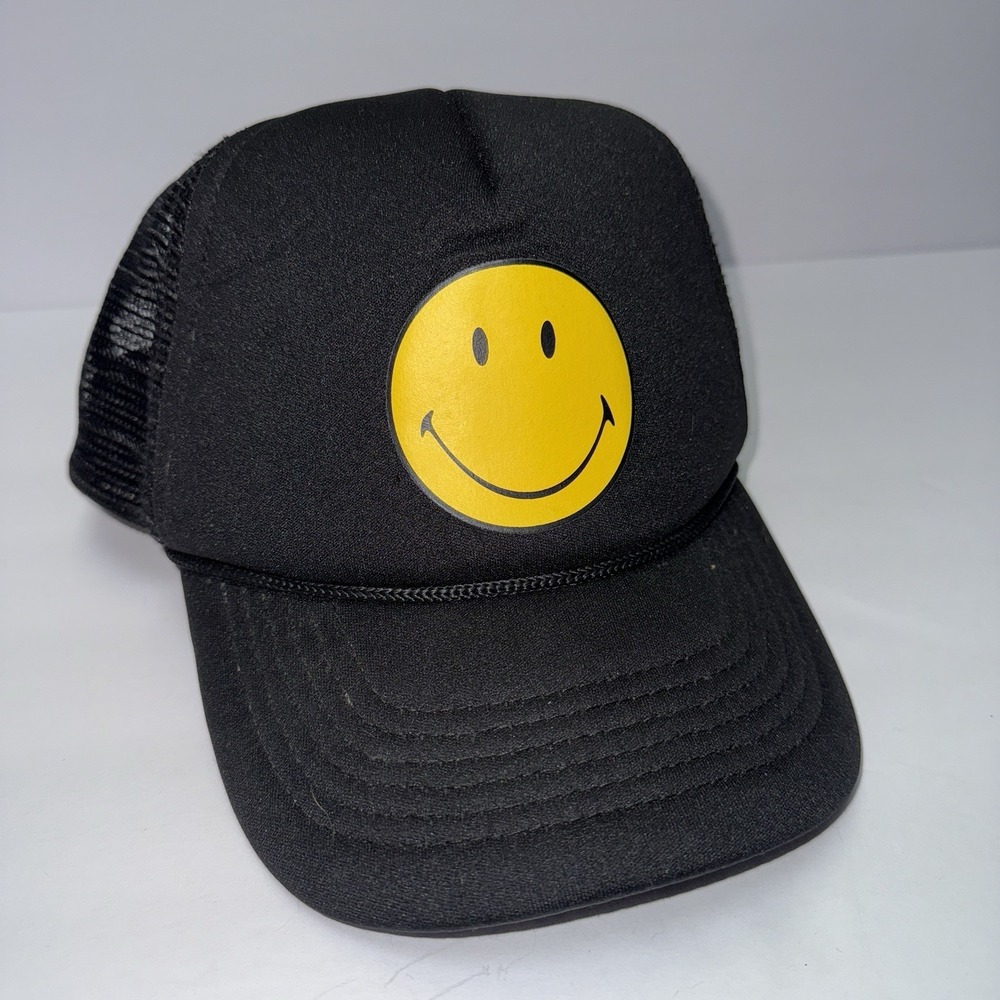 Smiley Face Snapback Rope Trucker Hat Black‎ One Size Mesh Back Cap Logo